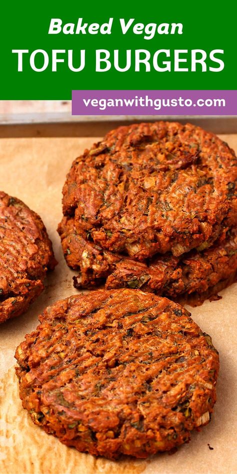 This easy-baked tofu burgers recipe is brimming with s[icy and savory flavor. With the combination of tofu and chickpea flour and prepared without oil, these delicious patties pack a nutritional and protein punch sure to put a smile on everyone’s face. Tofu Burger Recipe Simple, Tofu Burgers Recipe, Vegan Tofu Burger, Tofu Patties Recipes, Vegan Hamburger Patties, Vegan Patties Recipe, Tofu Burgers Patties, Vegan Burgers Recipes, Tvp Burger Recipe