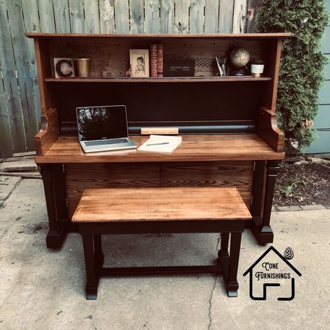 We transformed this turn of the century piano into a modern desk! Piano To Desk Diy, Piano Into Desk, Piano Redo Ideas, Turn Of The Century Arts And Crafts, Piano Desk Ideas, Piano Diy Repurposed, Piano Diy Projects, Refurbished Piano Ideas, Piano Turned Into Bar