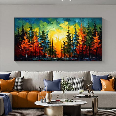 Tree Wall Art Living Room, Forest Oil Painting, Sunset Landscape Painting, Paintings Wall, Art Sunset, Hand Painted Wall Art, Custom Painting, Flower Paintings, Hand Painted Walls