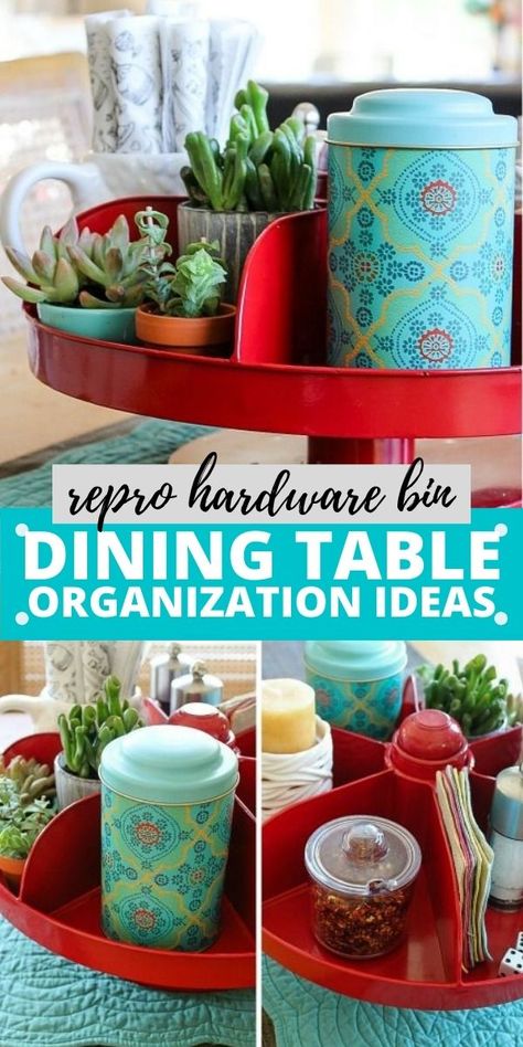 Use a rotating repro hardware bin to organize your dining table. Kitchen Table Organizer, Dining Table Organization Ideas, Kitchen Table Organization, Dining Table Organization, Table Organization Ideas, Table Caddy, Table Organization, Moms Kitchen, Homemaking Tips