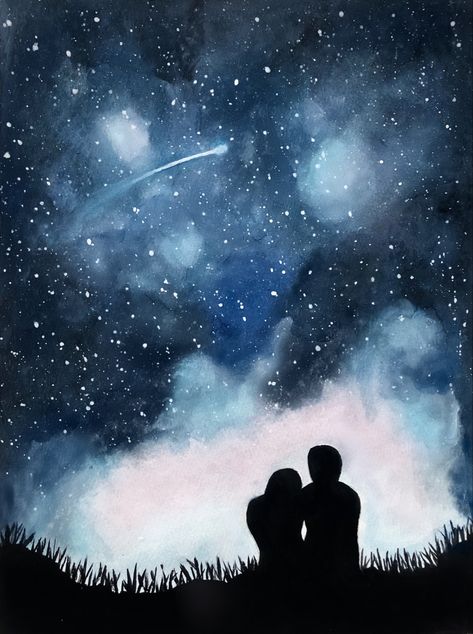 Night Sky Couple Under The Stars Painting, Painting Of Stars Night Skies, Painting Ideas On Canvas Aesthetic Couple, Stars Night Painting, Moon Silhouette Painting, Stargazing Painting Easy, Stars Watercolor Painting, Night Stars Drawing, Watercolor Stars Sky