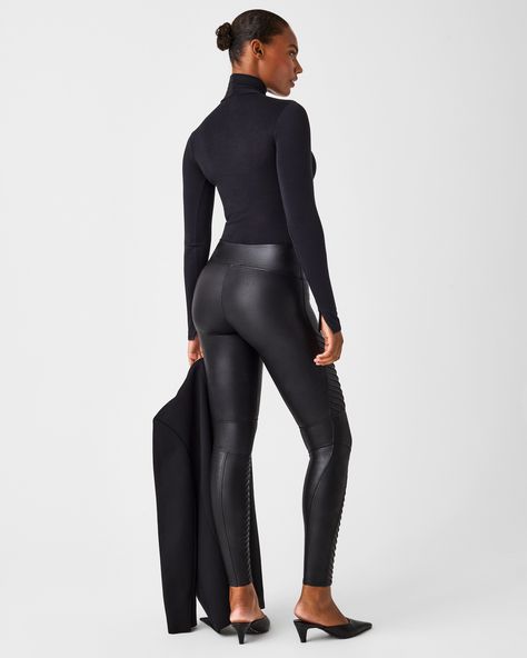 Moto is our motto! With an edgy twist to our fan-favorite Faux Leather Women's Leggings, Moto is your new go-to. Complete with hidden shaping, you can rely on our black Moto leggings to keep you smooth, no matter how "edgy" your outfit! Put your best foot (or leg) forward in our Faux Leather Moto Leggings! | Spanx Women's Faux Leather Moto Leggings Illyrian Leathers, Leather Moto Leggings, Moto Leggings, Leather Moto, Tiger Lily, No Matter How, Black Stainless Steel, British Indian, Black Leggings