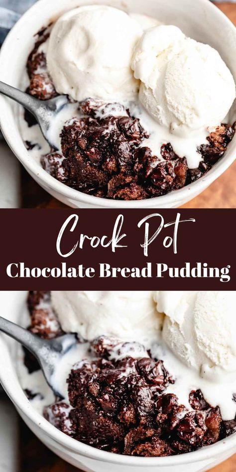 Crock Pot Triple Chocolate Bread Pudding - I Heart Eating Bread Pudding Crock Pot, Crock Pot Bread Pudding, Dessert Crockpot, Chocolate Bread Pudding Recipe, Pudding Bread, Crock Pot Bread, Chocolate Bread Pudding, Crockpot Dessert Recipes, Slow Cooker Recipes Dessert