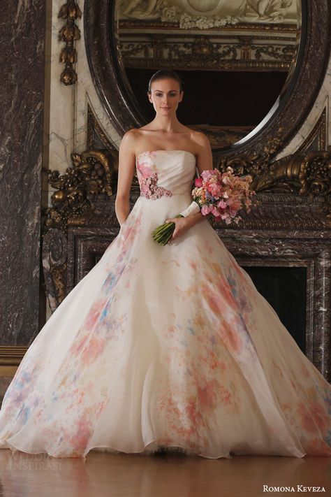 strapless ball gown italian silk organza soft floral watercolor print enamel floral brooch Ramona Keveza, Wedding Dress Colors, Romona Keveza Wedding Dresses, Rooftop Gardens, Romona Keveza, Fashion Bride, Most Beautiful Wedding Dresses, Dress Colors, 2016 Wedding Dresses