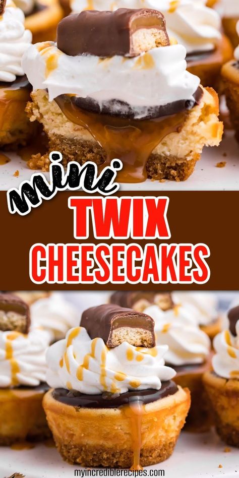 Bet you can’t have just one bite of this decadent chocolate caramel treat! Prepare something incredible when combining the flavor of cheesecake with one of your favorite chocolate bars to prepare this mini Twix cheesecake recipe. Grab the ingredients and make this amazing dessert today! Twix Cheesecake Recipe, Twix Cheesecake, Caramel Cheesecake Bites, Small Cheesecakes, Cheesecake Bites Recipe, Caramel Treats, Mini Cheesecake Recipes, Caramel Cheesecake, Cheesecake Desserts