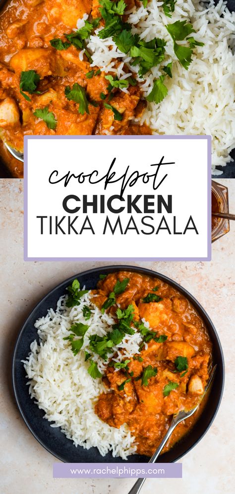 This tasty Slow Cooker Chicken Tikka Masala recipe takes just 15 minutes to throw together before being left to cook low and slow while you get on with other things. Crockpot Chicken Tikka Masala Easy, Tika Masala Chicken Slow Cooker, Tikka Masala Recipe Slow Cooker, Chicken Tika Crockpot, Slow Cooker Chicken Masala, Tiki Masala Recipe Crock Pot, Chicken Ticca Masala, Slow Cooker Tikka Masala Chicken, Crock Pot Chicken Tikka Masala