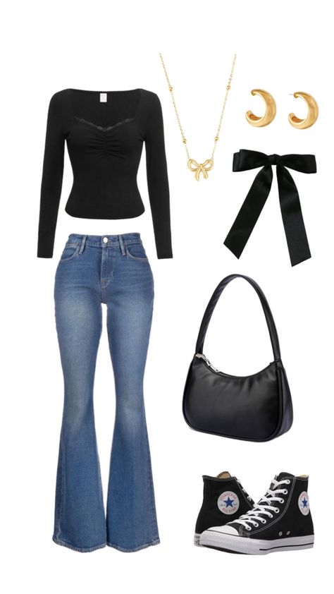 Cute Outfits With Flared Jeans, 2005 Outfits Aesthetic, Outfit Ideas Flared Pants, Outfits With Flare Jeans, Flare Jeans Outfit Aesthetic, Build An Outfit, Comfy School Outfits, Flare Jeans Outfit, Party Outfit Ideas