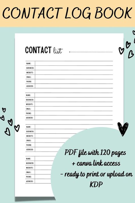 Fully editable by canva - can be used as printable list or Planner interior for selling on KDP or other publishing platforms ✔️ PDF file with 120 pages + canva link access- ready to print or upload on KDP ✔️ High resolution ✔️ Provided in popular dimension: 6 x 9" ✔️ All KDP tested - NO BLEED - no errors You will get the following files: PDF (1MB) PDF (370KB) Kdp Templates Free, Kdp Planner, Vision Board Planner, Christmas Activity Book, Small Business Planner, Contact List, Kids Activity Books, Types Of Books, Log Book