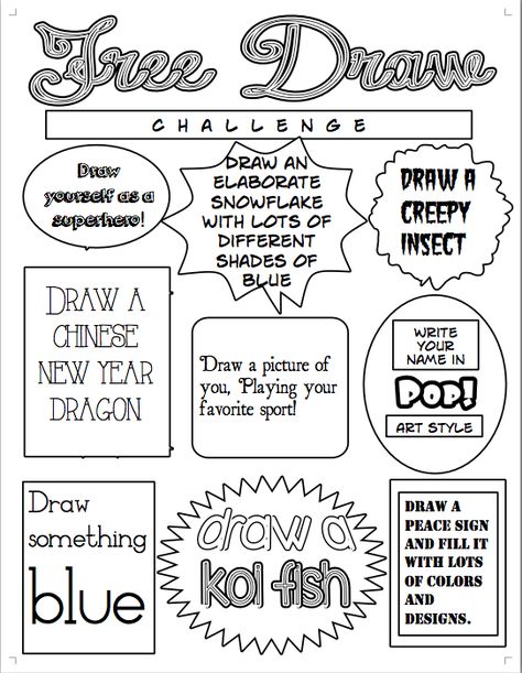 Here's an Idea: create a "Free Draw Challenge" Poster once a month to help students to brainstorm ideas for their sketchbook Creative Doodling, Finish The Drawing, Draw Challenge, Art Sub Lessons, Sketchbook Assignments, Freetime Activities, Free Draw, Art Sub Plans, Art Handouts