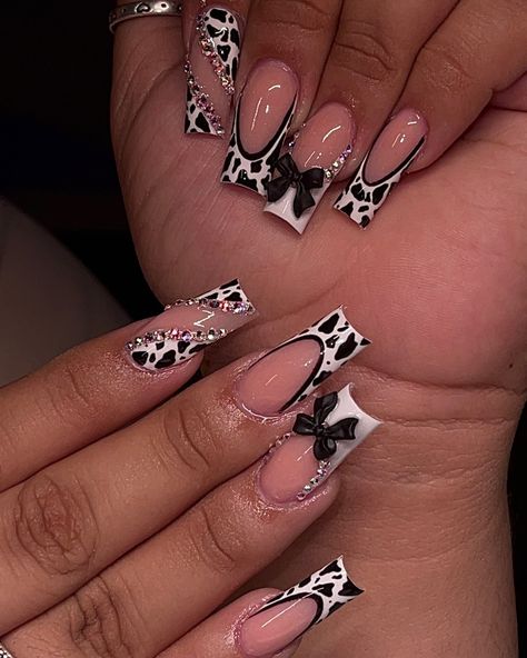 Had to post the photos too🖤🐮🎀 #houston#houstonnailtech #cows #cowprint #frenchies #nails #nailsnailsnails #nailart #naildesign #nailinspo #prettygirls #prettynails Freestyle Almond Nails, Cowprint Nail Design, White Tip Acrylic Nails, Short Nails Summer, Diamond Nail Designs, Anime Nails, Airbrush Nails, Duck Nails, Punk Nails