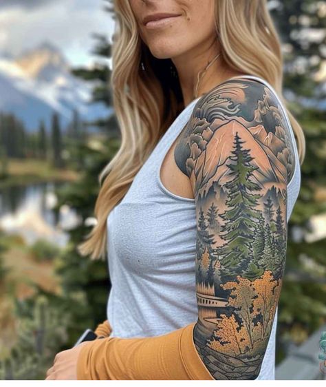 Female Empowerment Tattoo, Mountain Sleeve Tattoo, Forest Tattoo Sleeve, Wilderness Tattoo, Cover Up Tattoos For Women, Men's Tattoos, Masculine Tattoos, Arm Sleeve Tattoos For Women, Floral Tattoo Shoulder