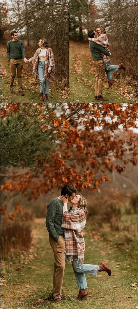 Fall Anniversary Photo Shoot Ideas, Fall Engagement Pictures Color Scheme, Fall Outfits Women Engagement Photos, Fall Photoshoot Outfits Couples 2023, Engament Picture Ideas Fall, Fall Engagement Outfits Men, Rustic Fall Engagement Pictures, Fall Prewedding Photoshoot, Engagement Photos Outfits Fall Country