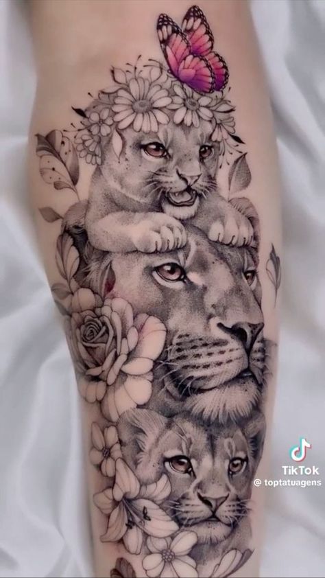 Tiger Butterfly Tattoo, Lioness And Cub Tattoo, Symmetrical Tattoo, Cubs Tattoo, Lioness Tattoo, Girl Arm Tattoos, Hand And Finger Tattoos, Mom Tattoo Designs, Clock Tattoo Design