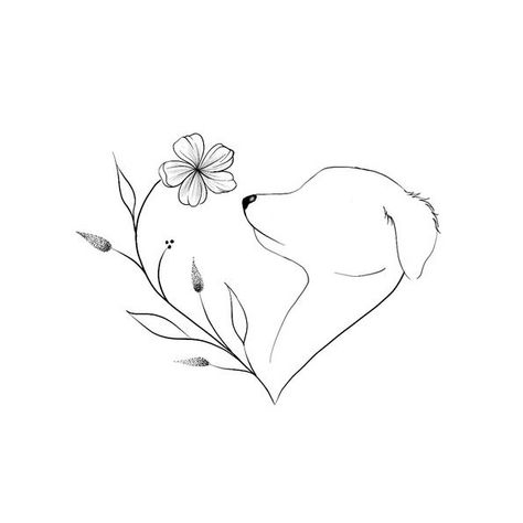 Dog Memorial Tattoos Flowers, Floral Dog Print Tattoo, Dog Flower Drawing, Dog Outline Tattoo With Flowers, Daisy Dog Tattoo, Cocker Spaniel Tattoo Minimalist, Dog And Flower Tattoo, Doggo Tattoo, Dog Tattoos For Women