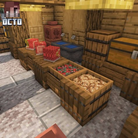 Minecraft Food Storage Ideas, Cashier Minecraft, Armor Shop Minecraft, Minecraft Bank Interior, Minecraft Display Case, Fish Shop Interior, Minecraft Shopping District, Fish Shop Minecraft, Minecraft Shop Interior