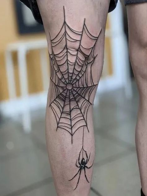 Spider Web Tattoo Kneecap, Spider Shin Tattoo, Traditional Spider Web Tattoo Design, Spider Knee Tattoo, Knee Spider Web Tattoo, Spider Web On Elbow, Spider Web Tattoo Elbow, Spider Web Tattoos, Symbolism Art