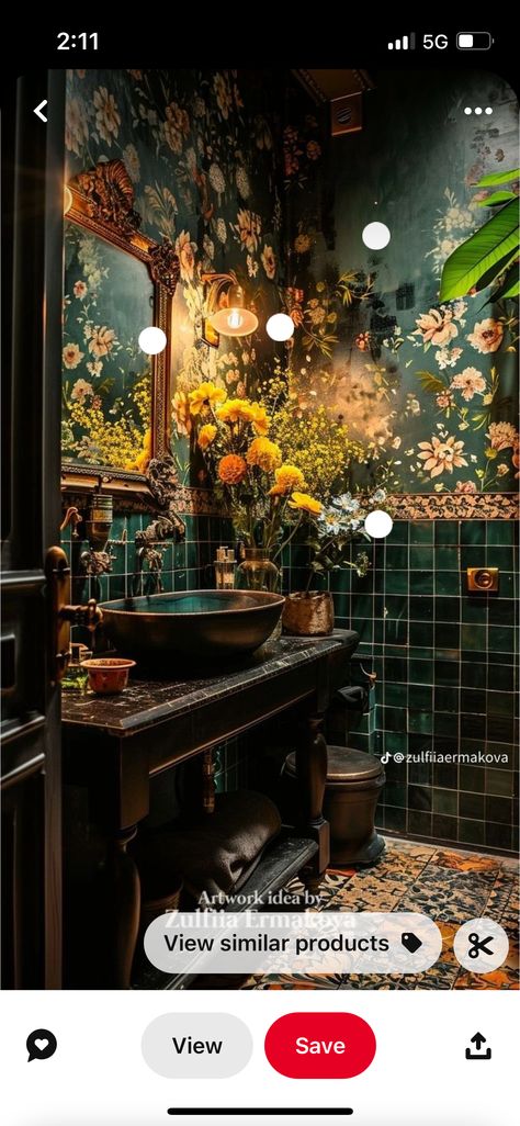 Dark Maxamilist Interior, Maximalist Interior Design Bathroom, Punk Bathroom Ideas, Whimsigoth Bathroom Aesthetic, Emerald Green And Gold Bathroom Ideas, Dark Green Gold Bathroom, Roman Decor Interior Design, Maximalist Home Interior, Fairy Aesthetic Home