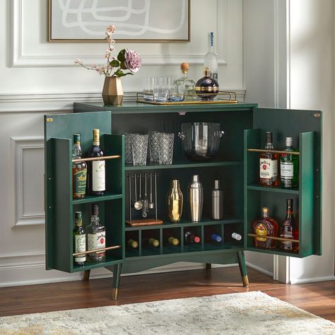 [SponsoredPost] Update Your Home With The Mid-Century Modern Look Of This Killian Bar Cabinet By Lifestorey. The Rich Walnut, Black Or Green Finish And Brass Accents Evoke A Sophisticated And Contemporary Aura, While The Wood And Veneer Offer Reliable Functionality. #midcenturybarcabinet Bar Cabinet Decor, Small Bar Cabinet, Mid Century Bar Cabinet, Wine Glass Storage, Mid Century Modern Bar, Built In Wine Rack, Home Bar Cabinet, Side Shelf, Inside Doors