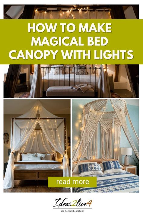 Bed Canopy With Lights: Transform your bedroom into a dreamy retreat with this DIY bed canopy! Learn how to add twinkling lights for an enchanting touch. Bed Canopy Diy With Lights, Beachy Bed Canopy, Twinkle Lights On Canopy Bed, How To Hang A Canopy From The Ceiling, Diy Wall Canopy, Faux Bed Canopy, How To Make Canopy Over Bed, Canopy Bed Ideas For Adults Diy Bedroom, Boho Canopy Bed Diy