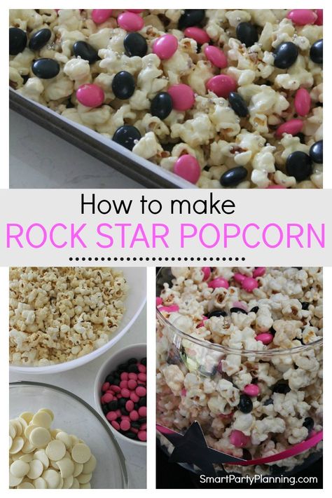 Learn how to make this easy rock star popcorn. Chocolate popcorn is an easy recipe to make, which is great for parties or movie nights. This rock star popcorn is bold, punchy and guaranteed to be a lot of fun to eat. Made with white chocolate, popcorn and chocolate bites, this will be rocking your taste buds. #Chocolatepopcorn #Rockstarparty Rock And Roll Desserts, Rock Star Party Ideas, Rock N Roll Food Ideas, Rockstar Party Food, Popcorn And Chocolate, Quick Snacks For Kids, Popcorn Chocolate, Pop Star Party, Rockstar Party