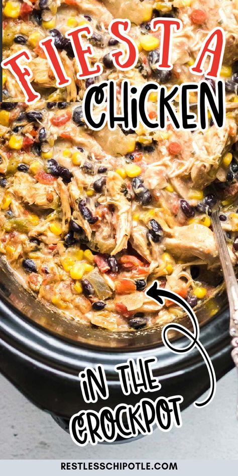 Crock pot with shredded chicken tomatoes and beans with Pinterest overlay. Crockpot Chicken Tortilla Casserole, Mexican Crock Pot Meals, Mexican Dishes In Crockpot, Recipes To Serve Over Rice, Crockpot Taco Chicken And Rice, Chicken Taco Casserole Crockpot, Mexican Chicken In The Crockpot, Mexican Chicken Recipes Crockpot, Game Day Chicken Crockpot Recipes