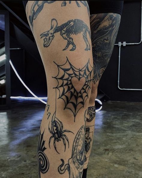 American Traditional Patchwork Leg Sleeve, Gothic Traditional Tattoo Sleeve, Traditional Tattoo Art Leg Sleeve, Spider Web Heart Knee Tattoo, Knee And Shin Tattoo, Knew Cap Tattoo, Gothic Calf Tattoo, Y2k Knee Tattoo, Heart Spiderweb Knee Tattoo