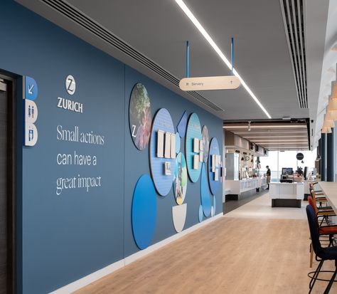 Corporate Office Branding Ideas, Branding Wall Design, Corporate Wall Design, Office Branding Ideas, Blue Office Interior, Office Branding Design, Office Wall Branding, Environmental Graphics Office, Wall Graphics Office