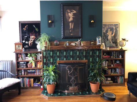 Fireplace Library, Mantel Living Room, Maximalist Living Room, Teal Tile, Mantel Fireplace, Living Room Fireplace, Apartment Chic, Fireplace Mantel Decor, Living Room Goals