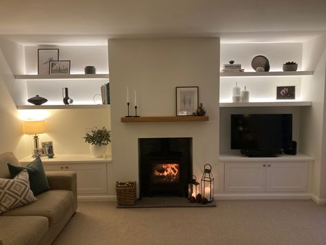 Log Burner Shelves, Living Room With Alcove Ideas, Lounge Room Ideas With Log Burner, Chimney With Shelves, New Build Lounge Ideas Uk, Built In Tv Wall Unit With Log Burner, Tv On Bracket In Corner, Media Walls With Log Burner, Modern Alcove Ideas