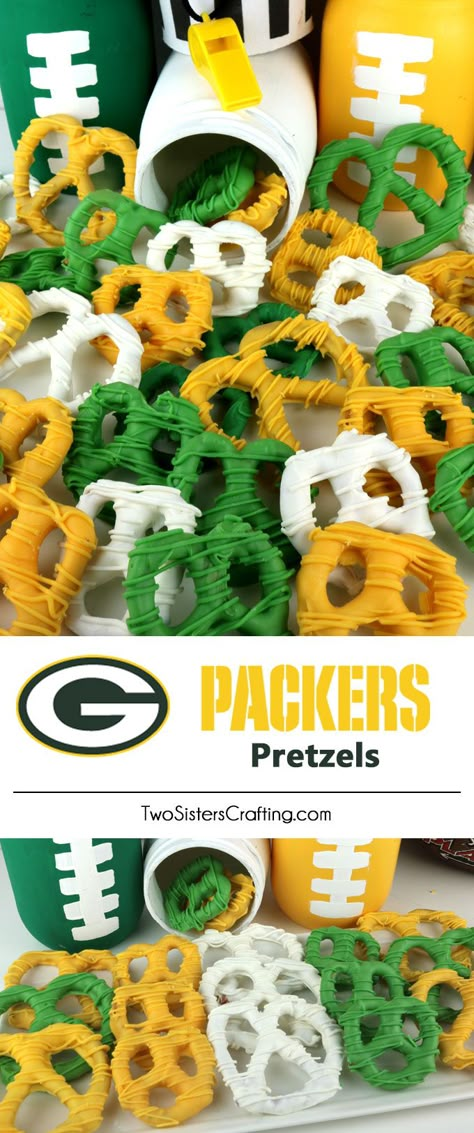 Green Bay Packers Pretzels - yummy bites of sweet and salty Football Game Day goodness that are super easy to make. They are perfect as a little extra treat at a NFL playoff party, a Super Bowl party or as a special dessert for the Green Bay Packers fan in your life. Follow us for more fun Super Bowl Food Ideas. Greenbay Packers Party Ideas, Green Bay Packers Party Ideas, Green Bay Packer Birthday Party, Green And Gold Food, Football Pretzels, Packers Birthday Party, Green Bay Packers Food, Packers Birthday, Green Bay Packers Party