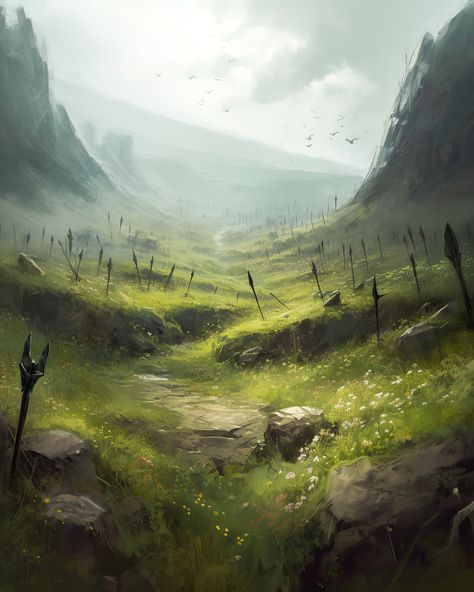 Fantasy Art Battleground, Fantasy Land Concept Art, Fantasy Worldbuilding Art, Fanasty Landscape, Field Fantasy Art, Battle Field Art, Battle Field Concept Art, Fantasy Terrain Concept Art, Medieval Forest Art