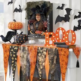 Halloween Fabric Garland, Painted Ceramic Pumpkins, Outside Fall Decorations, Mantel Scarf, Halloween Mantel Decor, Disney Fall, Ceramic Pumpkins, Halloween Mantle, Candy Wreath