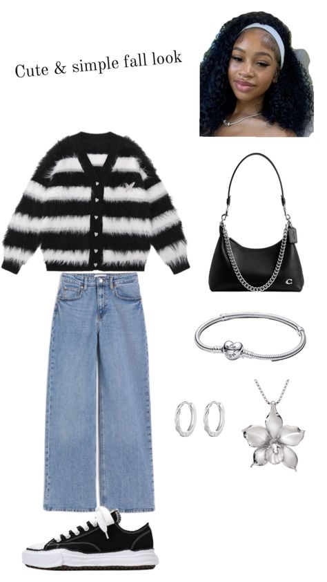 Discover the perfect cute and simple fall outfit featuring a striped fuzzy cardigan, wide-leg jeans, black sneakers, and silver accessories. Stay cozy and stylish this season! Fuzzy Cardigan Outfit, Cardigan Outfit Casual, Cozy Fall Fashion, Casual Fall Fashion, Wide Leg Jeans Outfit, Outfit Simple, Cardigan Outfit, Simple Fall Outfits, Outfit Cute