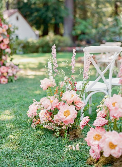 Faux Flower Arch Wedding, Floral Wedding Aisle Decorations, Summer Wedding Aisle Flowers, Wedding Aisle Markers Flowers, Small Garden Ceremony Wedding, Wildflower Aisle Decor, Wedding Ceremony Florals Ground, Spring Wedding Flower Arch, Secret Garden Wedding Flowers