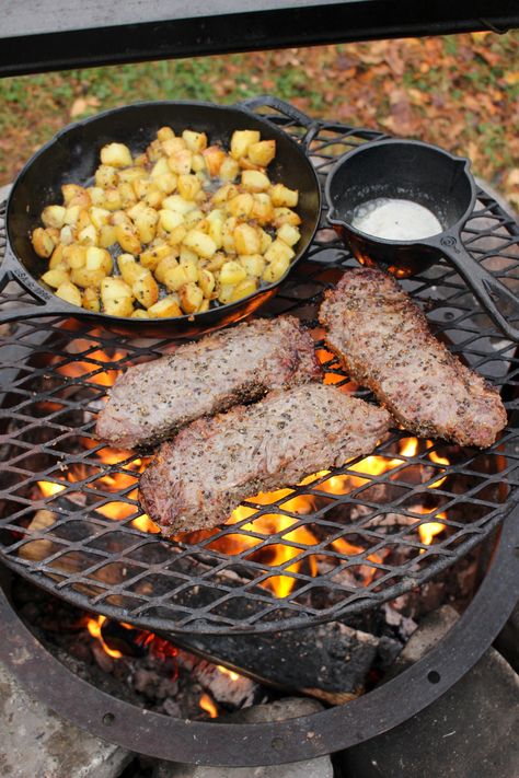 Savory Steak and Potatoes - Over The Fire Cooking Steak And Potatoes Camping, Cooking Steak Over Campfire, Campfire Steak And Potatoes, Cooking Over An Open Fire, Camping Steak Dinner, Campfire Steaks, Campfire Steak, Camping Steak, Fire Meals