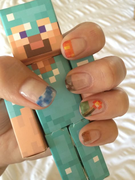 Minecraft Nail Art, Fallout Nail Art, Minecraft Nails Designs, Fnaf Nails, Minecraft Nails, Map Nails, Pig Nails, Mc Nails, Blue Acrylic Nails