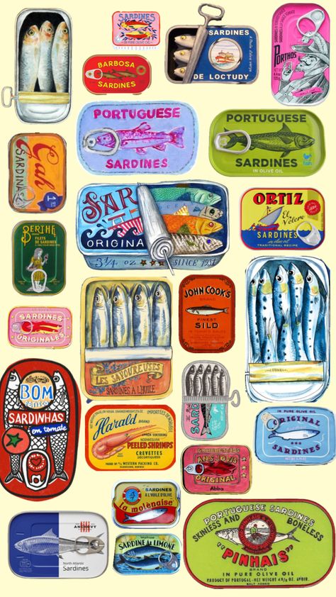 sardines! Upcycle Containers, Vintage Tea Tins, Collage Board, Fish Illustration, Ceramic Boxes, Tin Art, Food Stickers, Tea Tins, Cooking Art