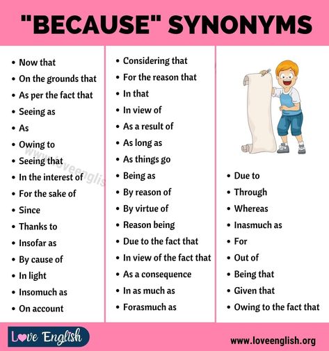 Synonyms Of Because, Synonym For Because, More Synonyms For Because, Because Synonyms, Essay Writing Skills, Descriptive Words, Interesting English Words, Good Vocabulary Words, Good Vocabulary