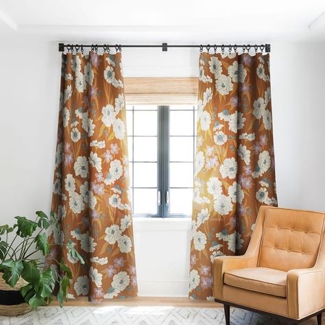 Schatzi Brown Whitney Floral Sienna Blackout Window Curtain (One Panel) - On Sale - Bed Bath & Beyond - 39033179 Boho Floral Curtains, Rattan Blinds With Curtains, Curtains On Arched Windows, Poppy Curtains, Maximalist Curtains, Printed Curtains Living Room, Bedroom Window Coverings, Dark Window Treatments, Mid Century Modern Window Treatments