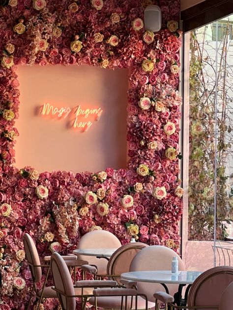 Pink aesthetic
Aesthetic
Wall 
Neon lights 
Quotes
Flower wall 
Flowers 
Pink everywhere Floral Wall Office, Cafe Flower Decor, Flower Wall Restaurant, Cafe Selfie Wall Design, Flower Cafe Design, Cafe Wall Decor Ideas, Flower Boutique Aesthetic, Cafe Selfie Wall, Salon Flower Wall