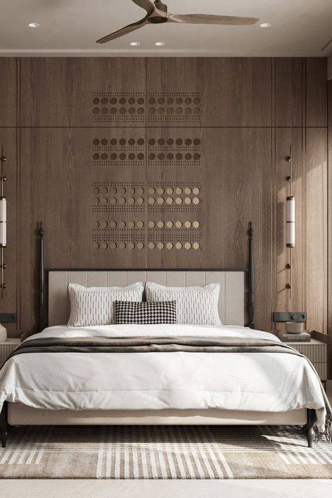 Embrace tranquility with these aesthetic bedroom ideas. Discover how to blend elegance and comfort effortlessly Wooden Theme Bedroom, Wooden Bed Frame Rustic, Rustic Bedroom Design, Airplane Propeller, Mid Century Ceiling, Italian Furniture Design, Leather Sofa Living Room, Industrial Ceiling Fan, Industrial Ceiling