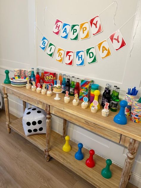 Game night Birthday Party, and I am not talking about video games lets bring back board games and all the fun! Board Game Theme Party Favors, Retro Game Night Party Ideas, Game Night Theme Party Decorations, Games Night Party Ideas, Family Game Night Decor, Board Game Prom, Kids Board Game Birthday Party, Game Night Ideas Decorations, Family Game Night Theme Party