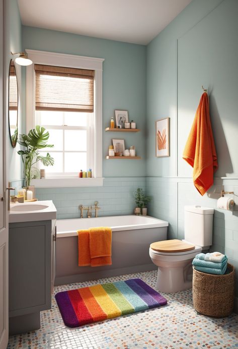 Learn how to make your small bathroom feel warm and inviting with soft lighting, plush towels, and colorful bath mats. #CozyHome #SmallBathroomDecor Small Colorful Bathroom, Colorful Bathroom Ideas, Small Full Bathroom, Cozy Bath, Colorful Bathroom, Bathroom Hacks, Under Sink Storage, Wall Mounted Sink, Sink Storage