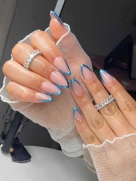 French Chrome Nails, Blue Chrome Nails, Chrome Nails Designs, Ballerina Nails, Fire Nails, Pretty Acrylic Nails, Short Acrylic Nails, Chrome Nails, Cute Acrylic Nails