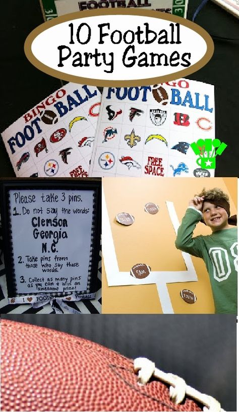 10 Football Party Games Featured at Kims Kandy Kreations Flag Football Party, Boys Football Party, Kids Football Parties, American Football Party, Football Party Games, Sports Party Games, Football Themed Party, Nfl Party, Party Theme Ideas