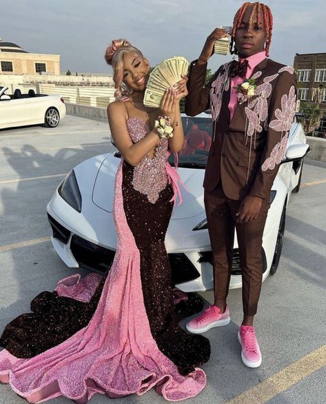 Pink And Burgundy Prom Couple, Pink And Brown Prom Couple, Brown Prom Dress Couple, Prom Color Ideas, Pink Sequin Prom Dress, Prom Fits, Peach Prom Dresses, Prom Dates, Prom Photoshoot