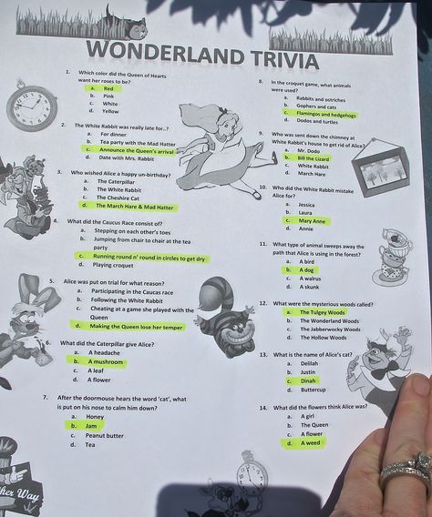 The Alice in Wonderland Trivia game. Alice In Wonderland Party Games Activities, Alice In Wonderland Escape Room Ideas, Alice In Wonderland Escape Room, Alice In Wonderland Games, 1st Birthday Party Games, Wonderland Party Theme, Disney Bachelorette Parties, Alice In Wonderland Party Ideas, Alice In Wonderland Decorations