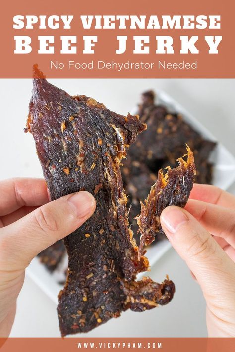 Delicious spicy Vietnamese beef jerky recipe that anyone can make at home. And you don’t even need a food dehydrator. All you need is your oven and to simply wait. Have it as a tasty snack on its own or add it to Vietnamese salads. Asian Jerky Recipe, Spicy Beef Jerky Recipe Dehydrator, Elk Jerky Recipe Dehydrator, Bacon Jerky Recipe Dehydrator, Vietnamese Beef Jerky Recipe, Pork Jerky Recipe Dehydrator, Elk Jerky Recipe, Jerky Marinades, Beef Jerky Seasoning