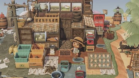 Fish Market Concept Art, Acnh Fishing Market, Acnh Japanese Fish Market, Acnh Bait And Tackle Shop, Acnh Fishing Town, Acnh Fish Market Design Codes, Acnh Japanese Market, Acnh Fishing Village, Animal Crossing Fish Market