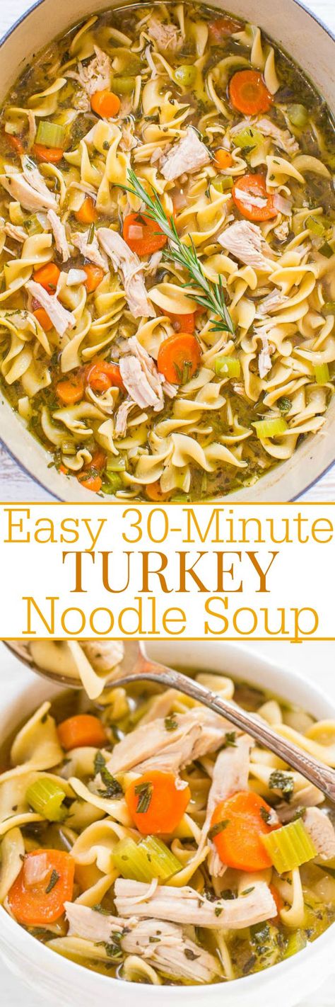 Easy 30-Minute Turkey Noodle Soup - Have leftover Thanksgiving turkey? MAKE THIS!! It's fast, easy, hearty, loaded with flavor, and tastes like grandma's homemade chicken noodle soup, but with turkey!! Leftover Gravy, Turkey Noodle Soup, Leftover Thanksgiving, Turkey Leftovers, Leftover Recipes, Homemade Chicken Noodle, Averie Cooks, Thanksgiving Turkey Leftovers, Chicken Bouillon